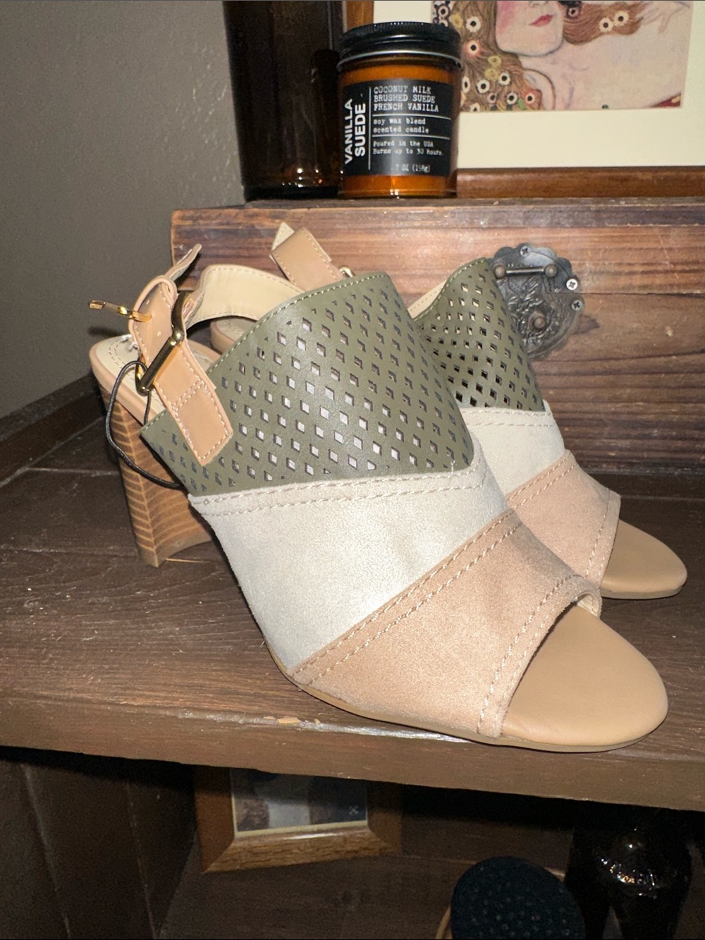 Impo Olive Green and Beige Open-Toe Block Heel Sandals